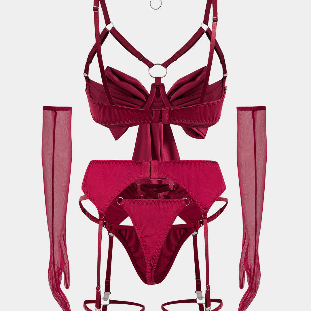 Choker Bağlama Öndeki Kesik Detaylı Lingerie Garter Seti ve Eldiven