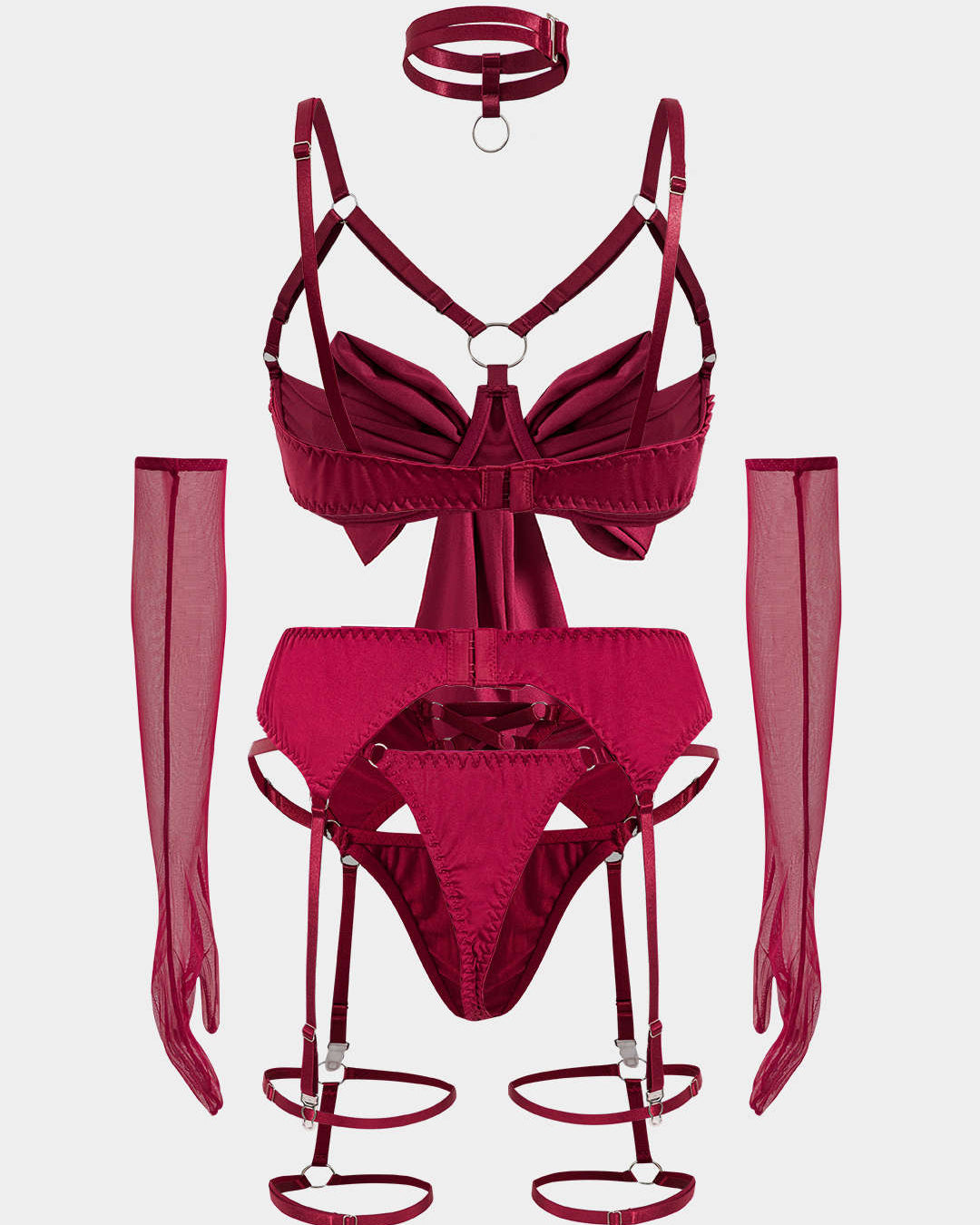 Choker Bağlama Öndeki Kesik Detaylı Lingerie Garter Seti ve Eldiven