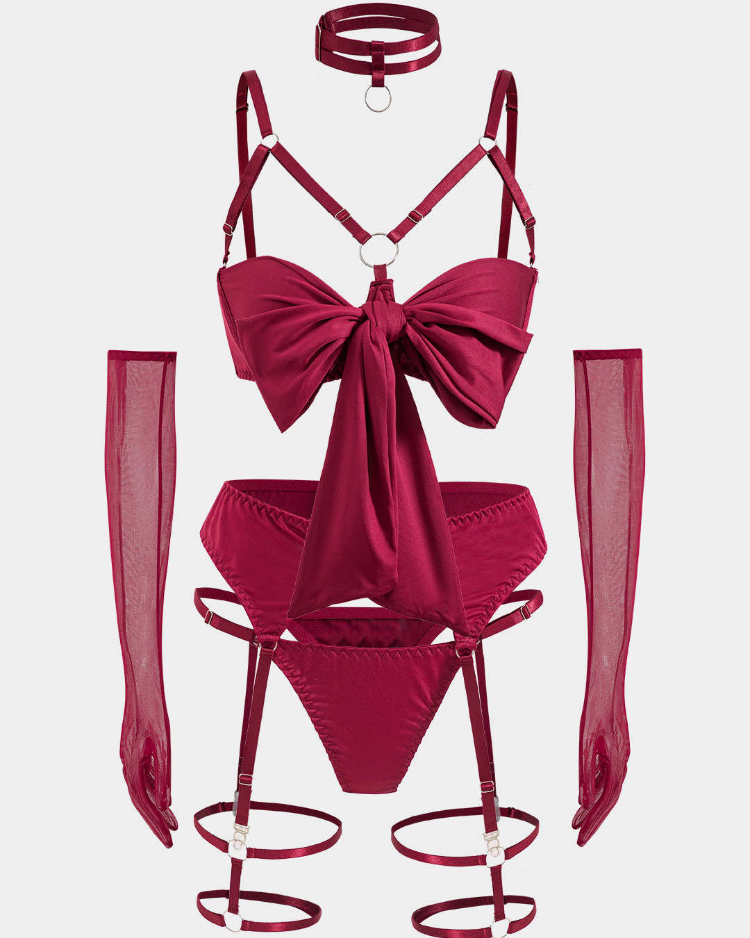 Choker Bağlama Öndeki Kesik Detaylı Lingerie Garter Seti ve Eldiven
