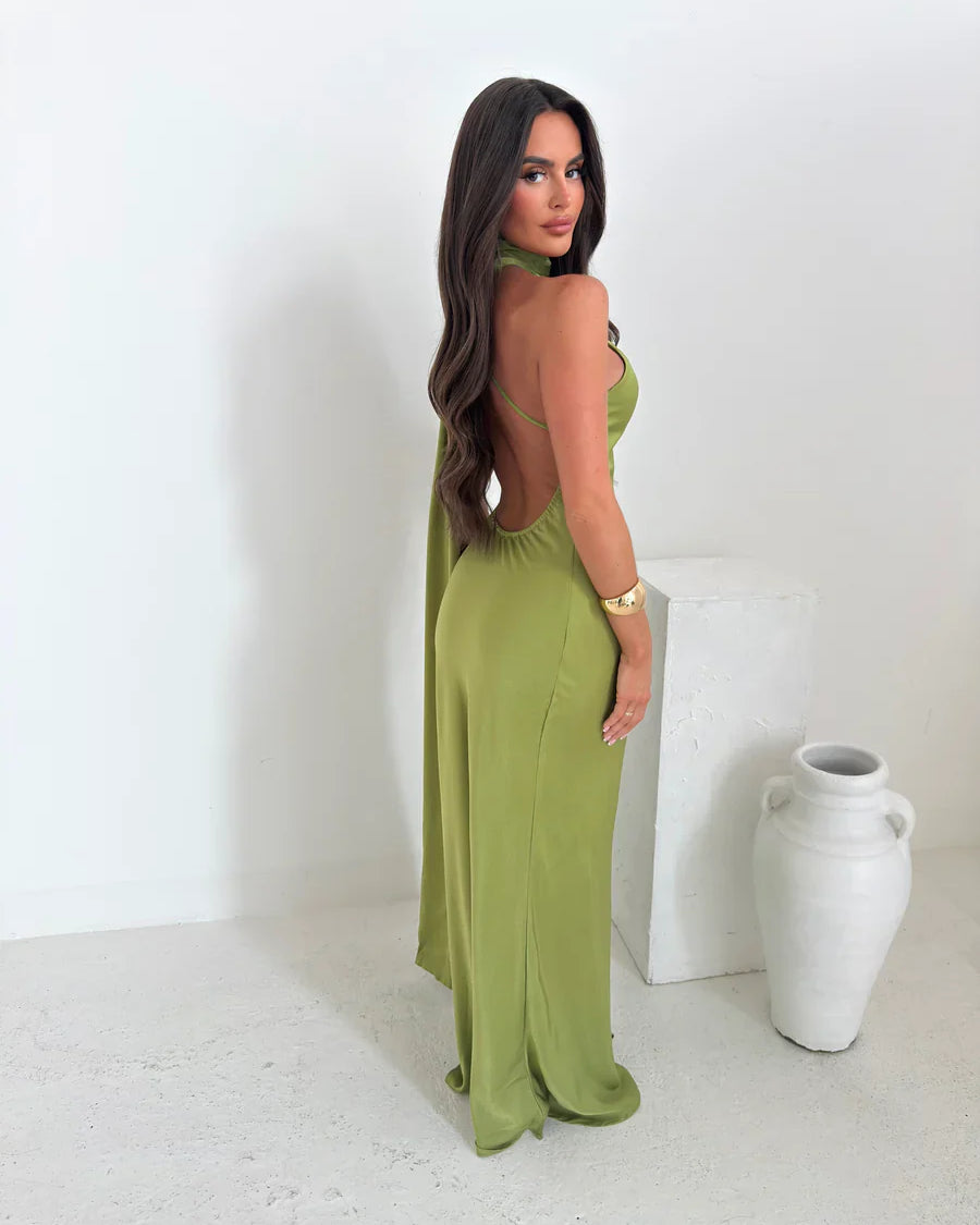 Zümrüt Saten Maksi Elbise