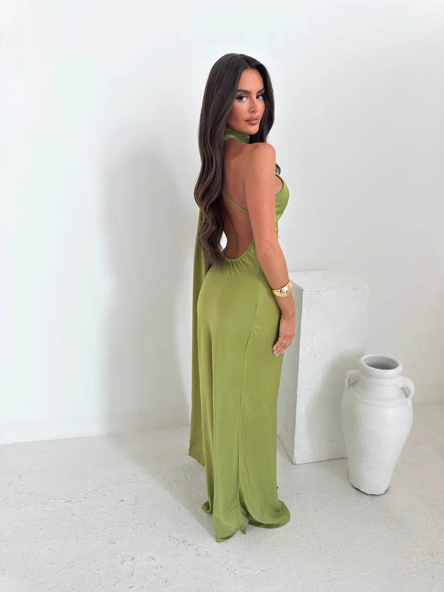 Zümrüt Saten Maksi Elbise