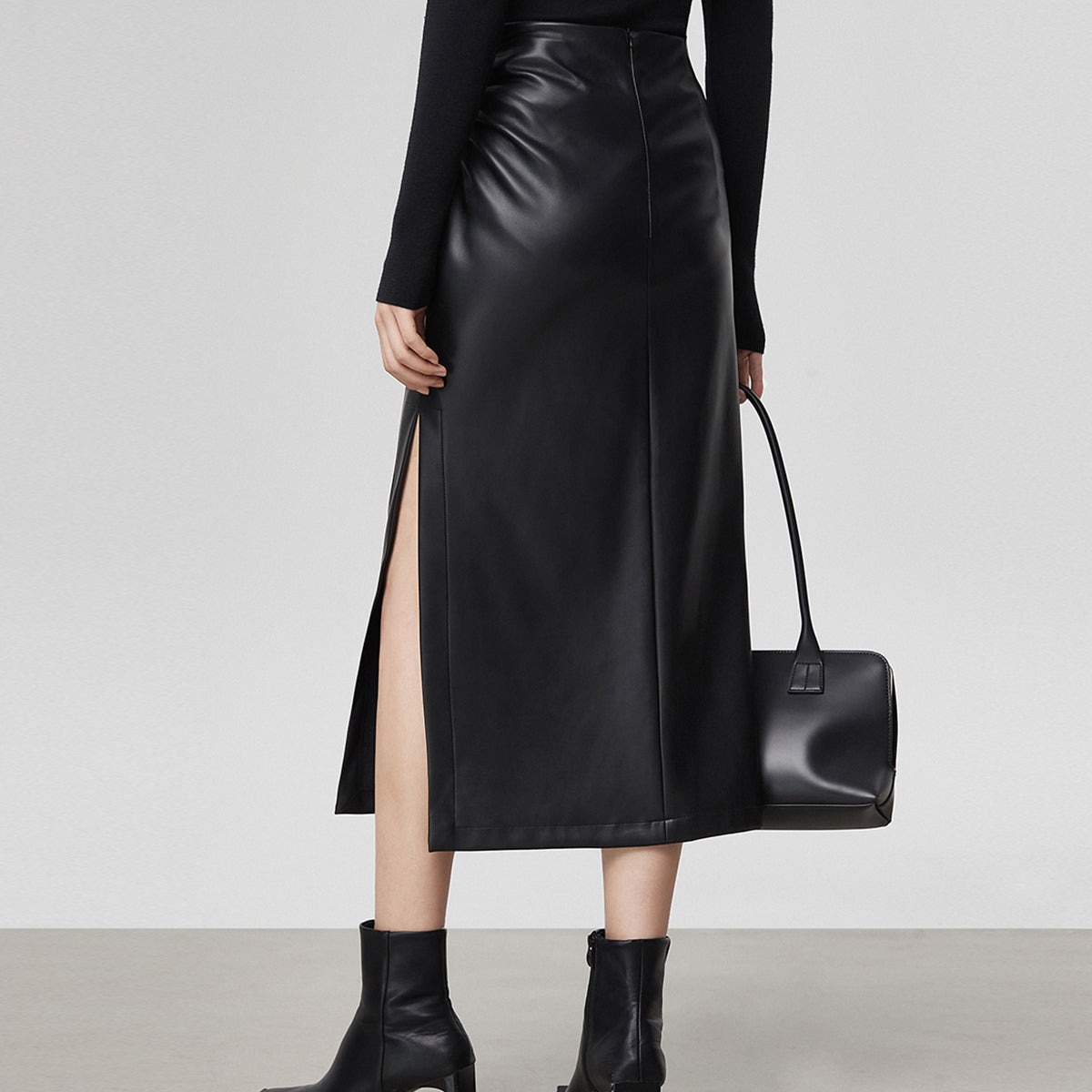 Faux Leather Ruched Slit Midi Etek