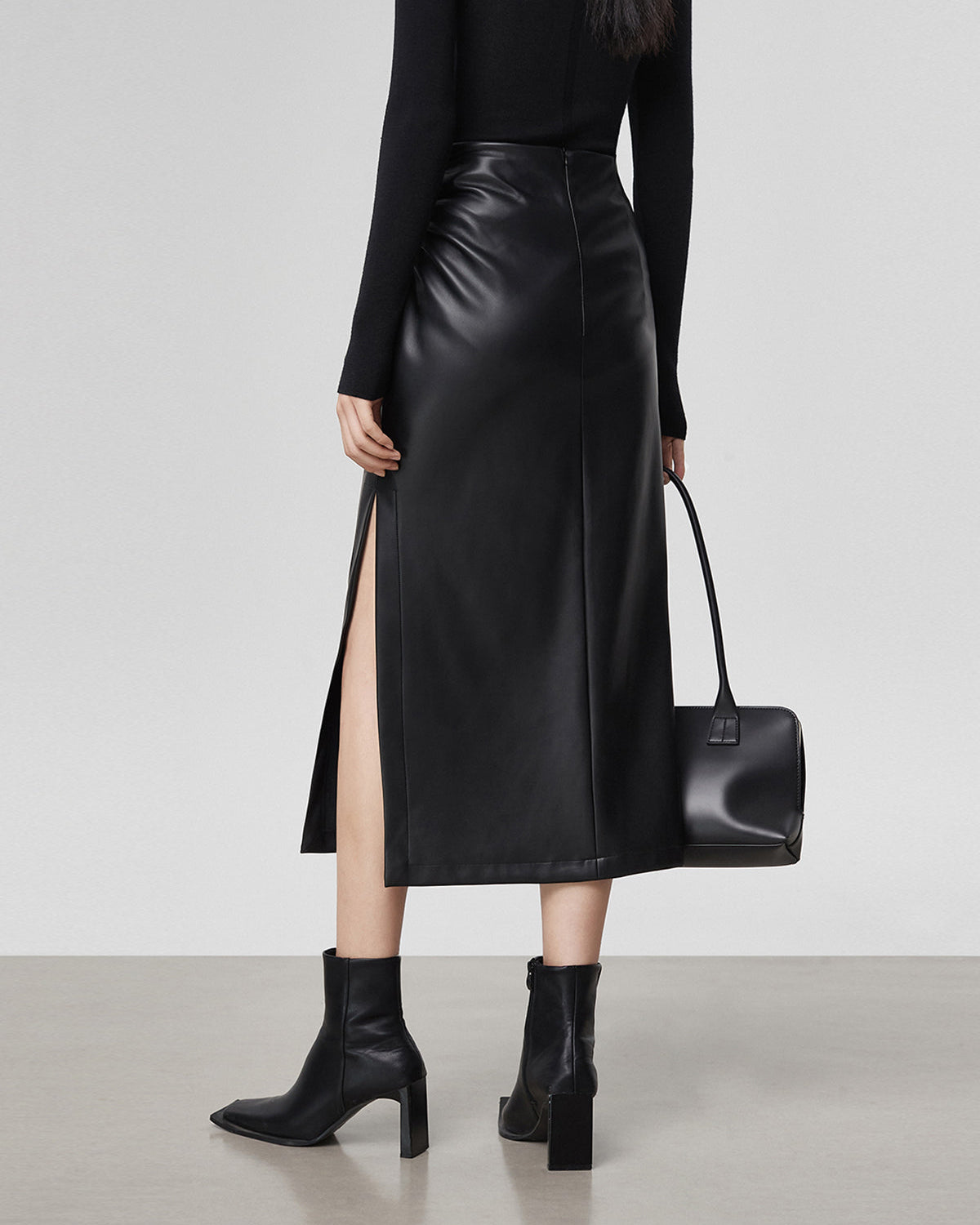 Ruched Slit Suni Deri Etek