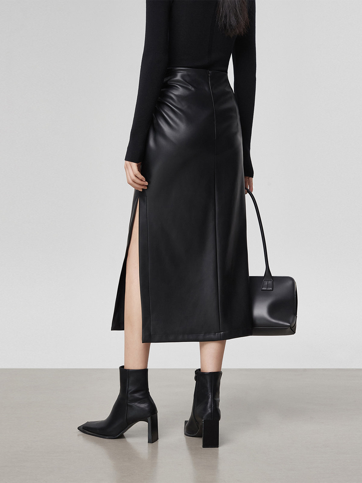 Faux Leather Ruched Slit Midi Etek