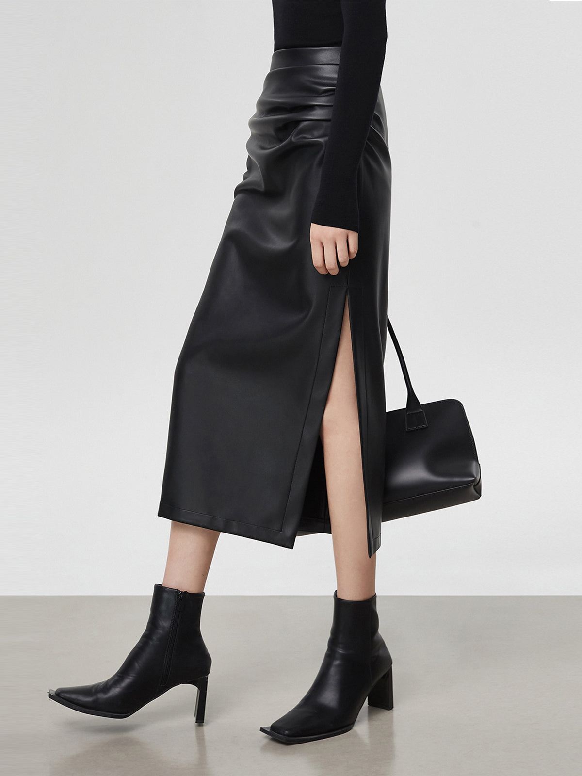Faux Leather Ruched Slit Midi Etek