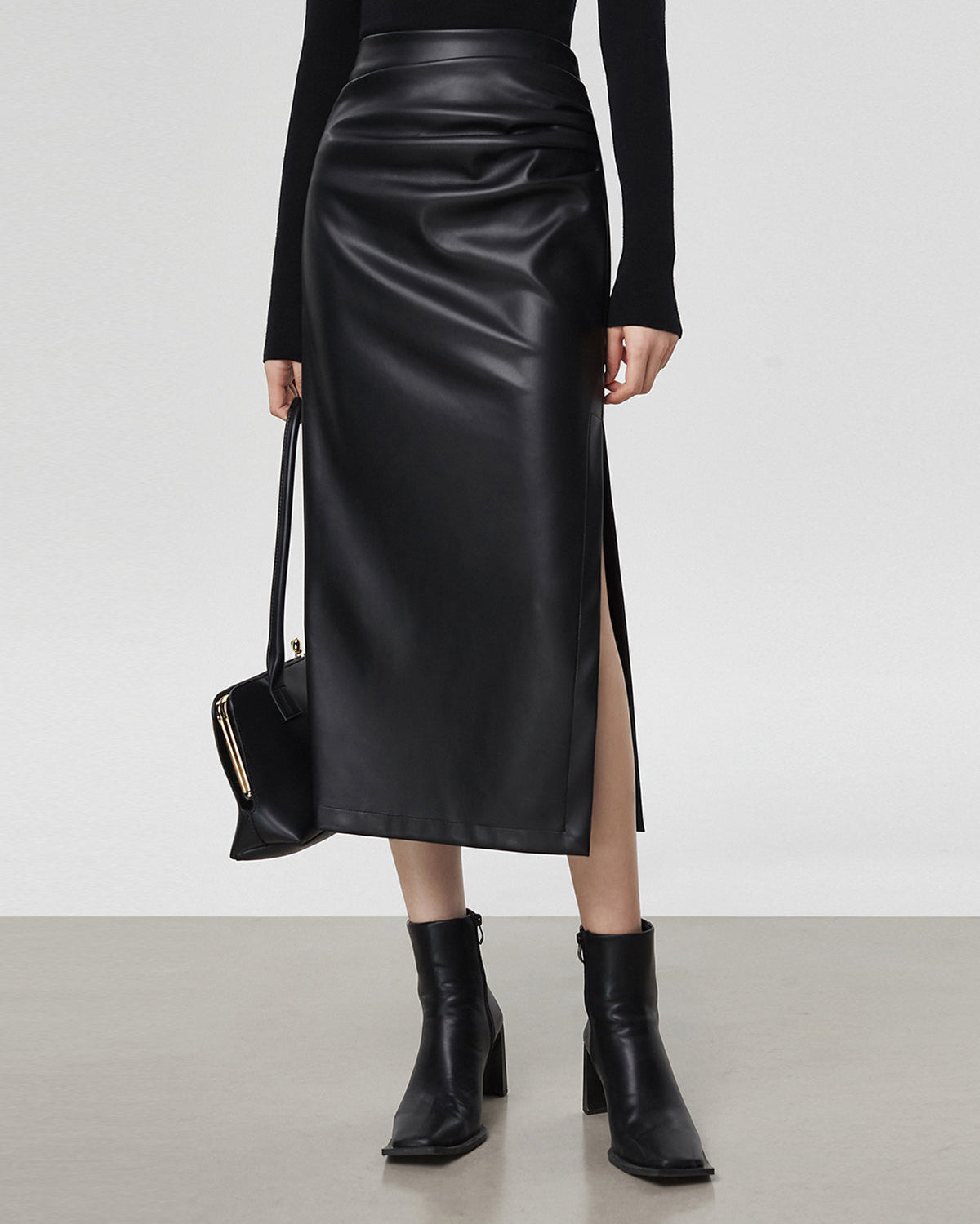 Ruched Slit Suni Deri Etek