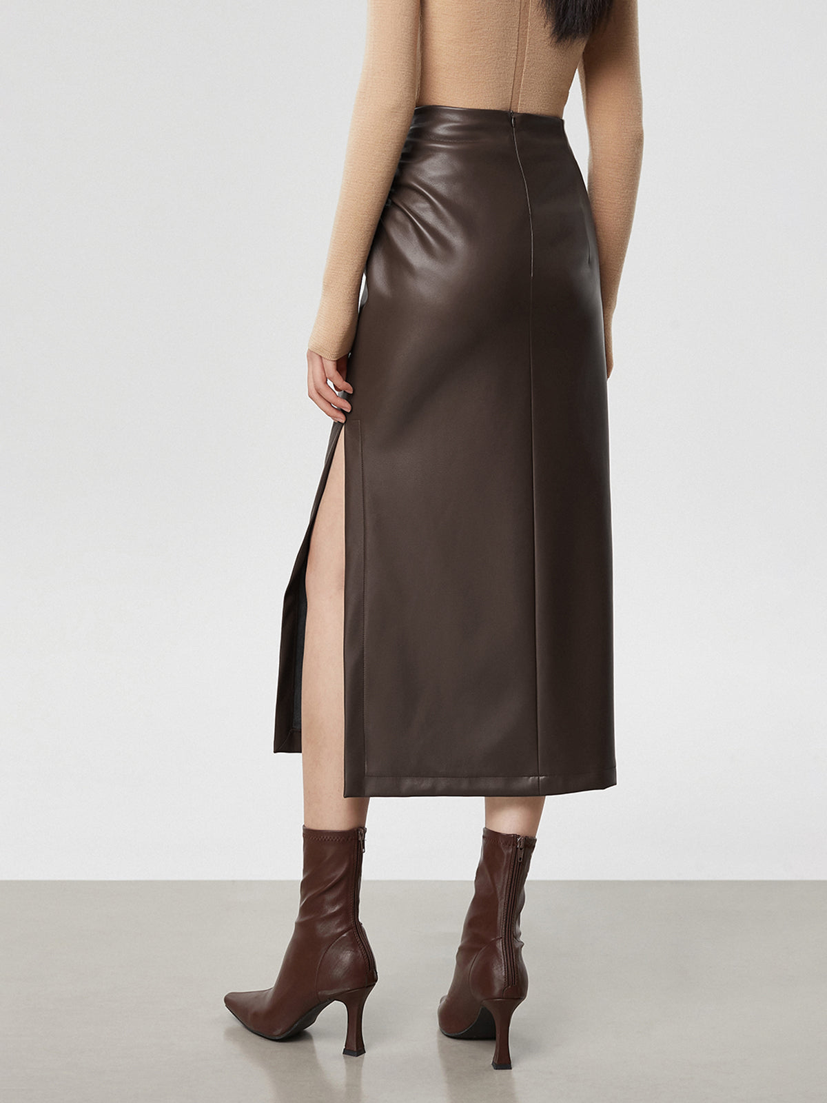 Faux Leather Ruched Slit Midi Etek