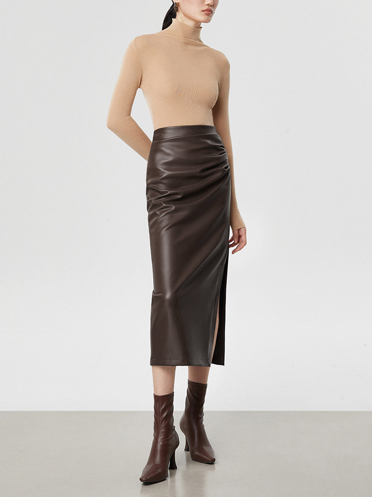 Faux Leather Ruched Slit Midi Etek