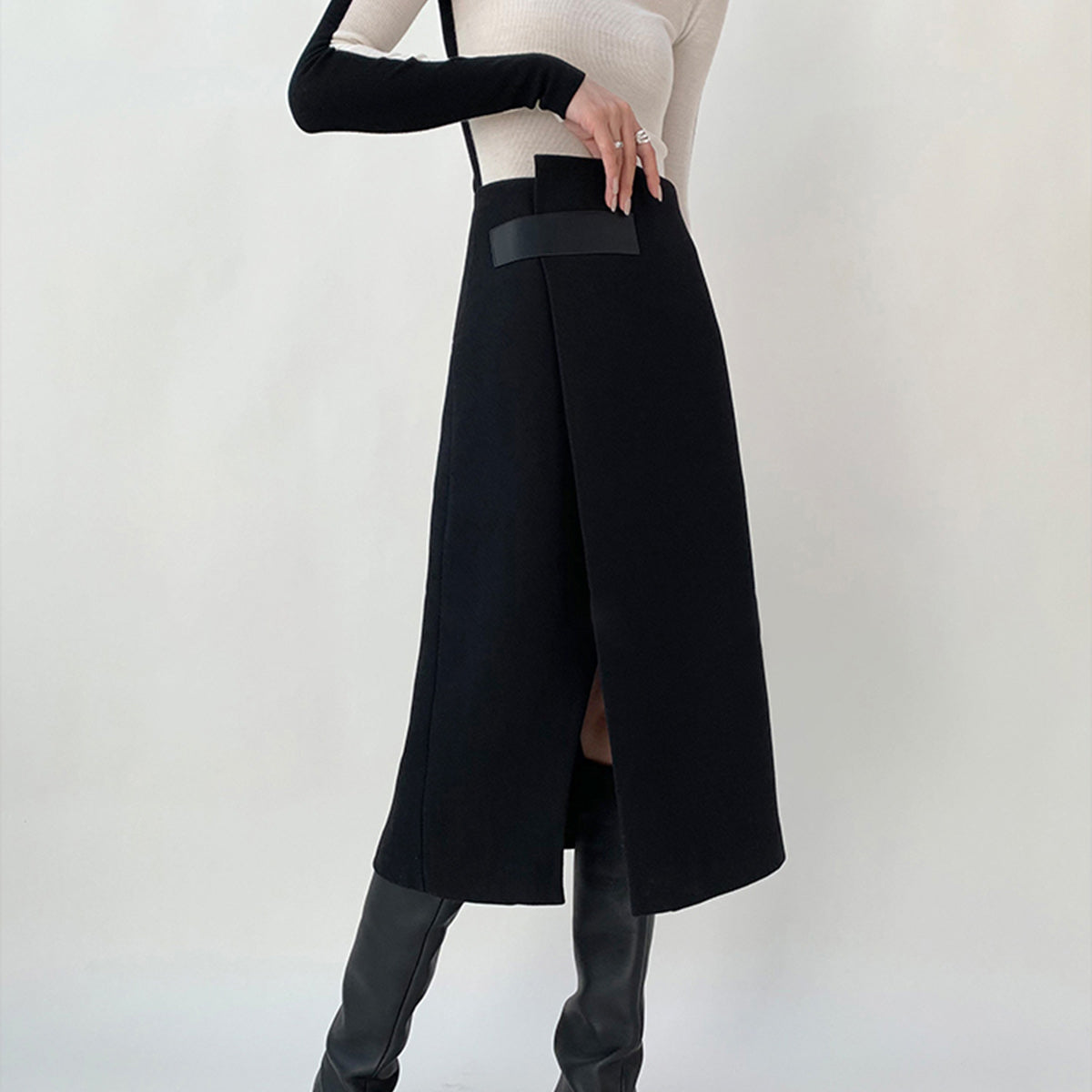 High Waist Tweed Asymmetric Wrap Midi Etek
