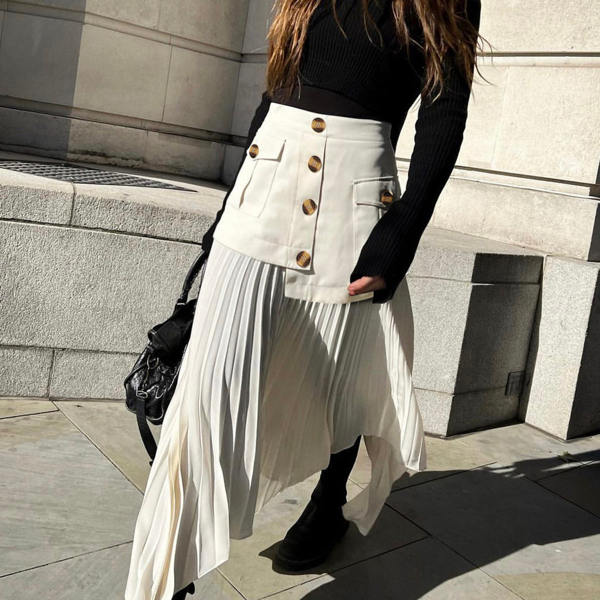 Patchwork Asymmetrical Pleated Buttoned Midi Etek