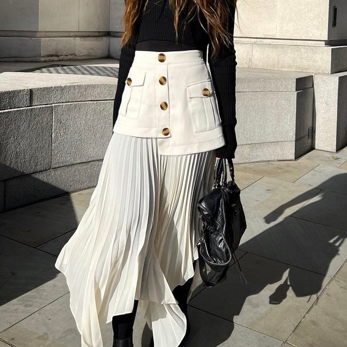 Patchwork Asymmetrical Pleated Buttoned Midi Etek