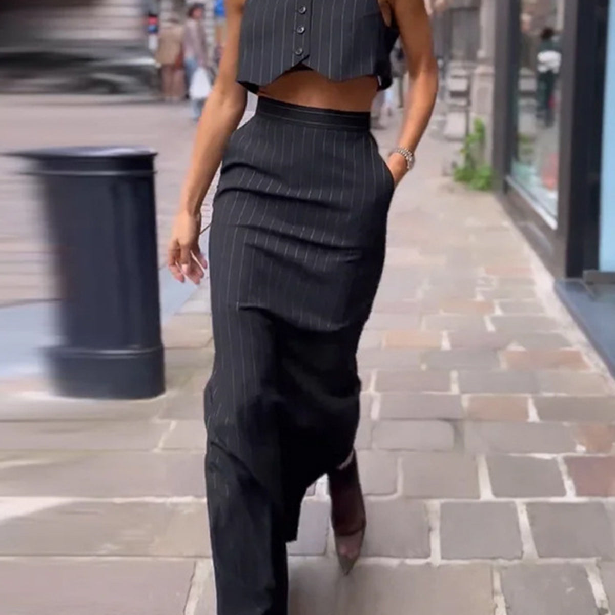 Pinstripe Button Crop İki Parça Etek Takımı