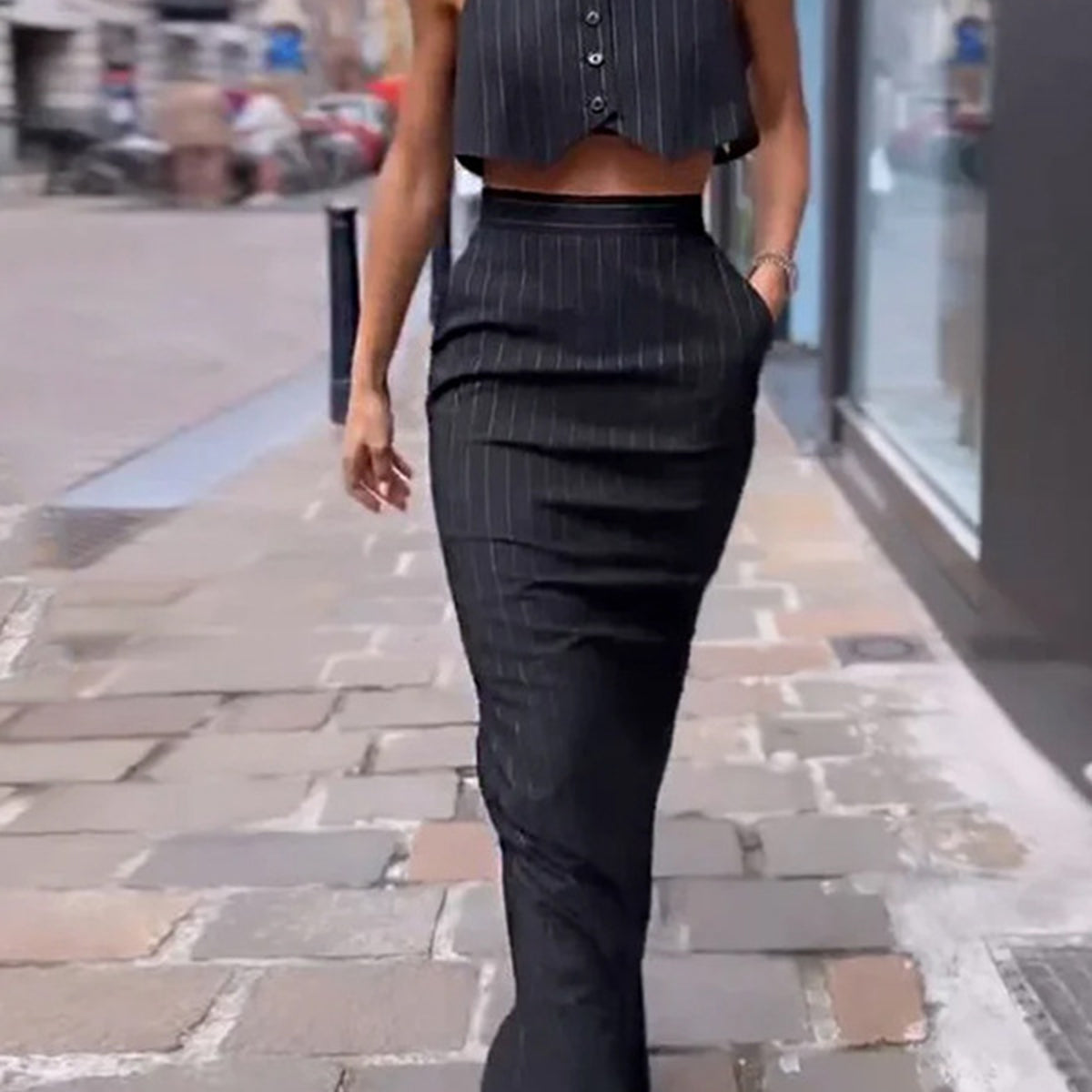 Pinstripe Button Crop İki Parça Etek Takımı