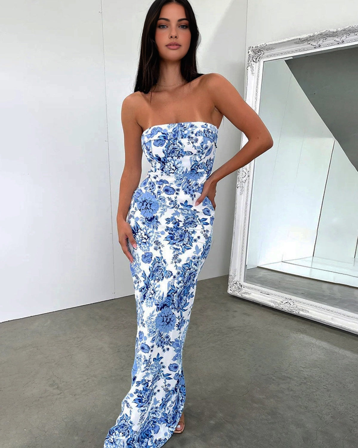 Floral Esintili Uzun Yırtmaçlı Elbise