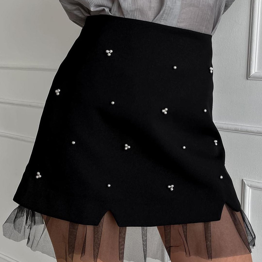 Beaded Tulle Trim Çizgi Etek