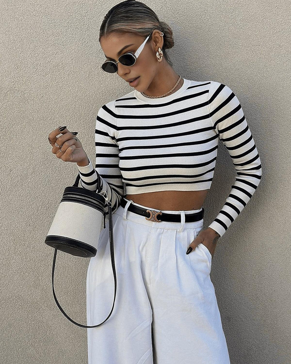 Elena Çizgili Crop Bluz
