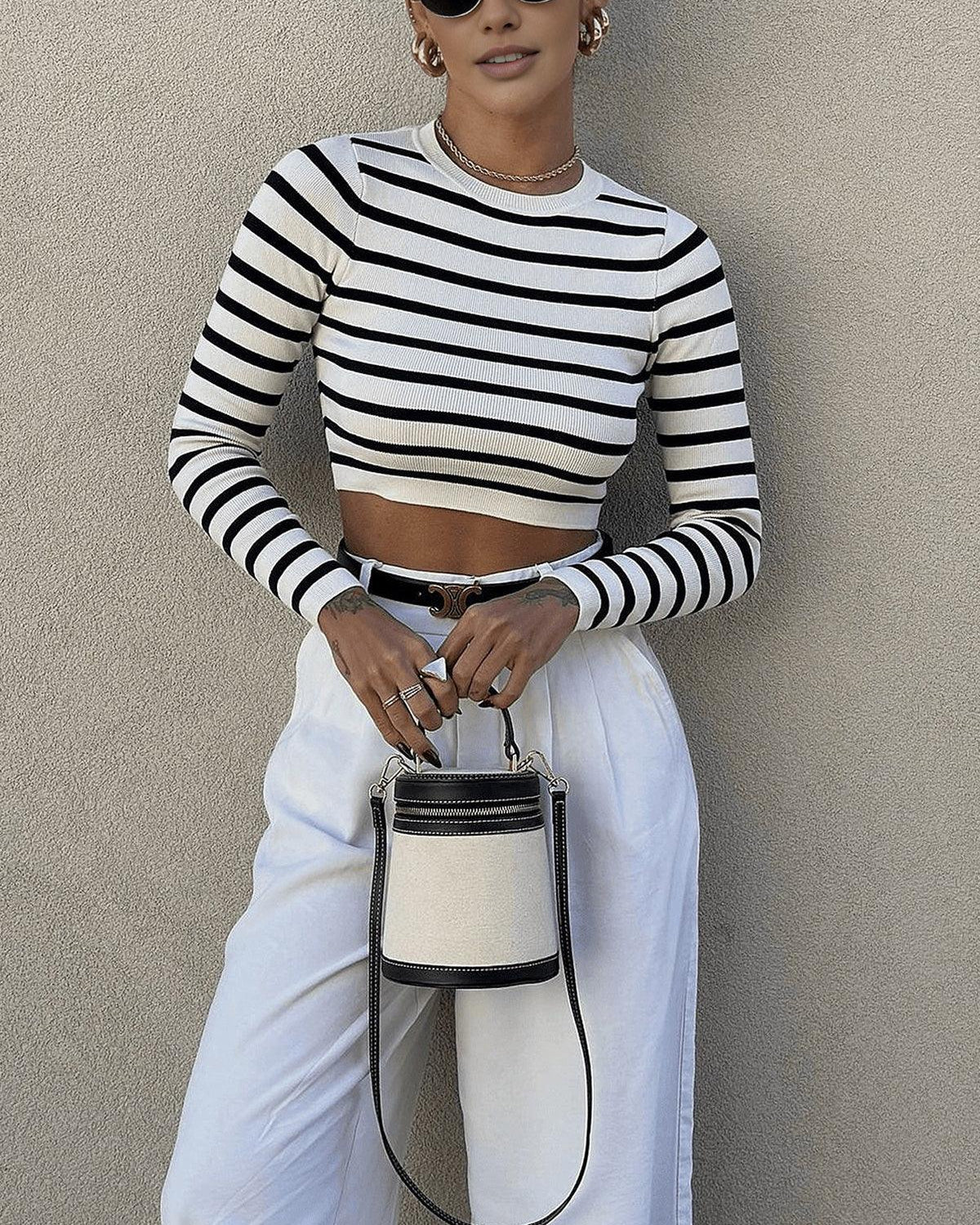 Elena Çizgili Crop Bluz