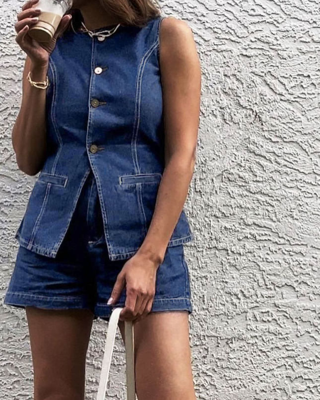 Denim Şort ve Yelek Takım