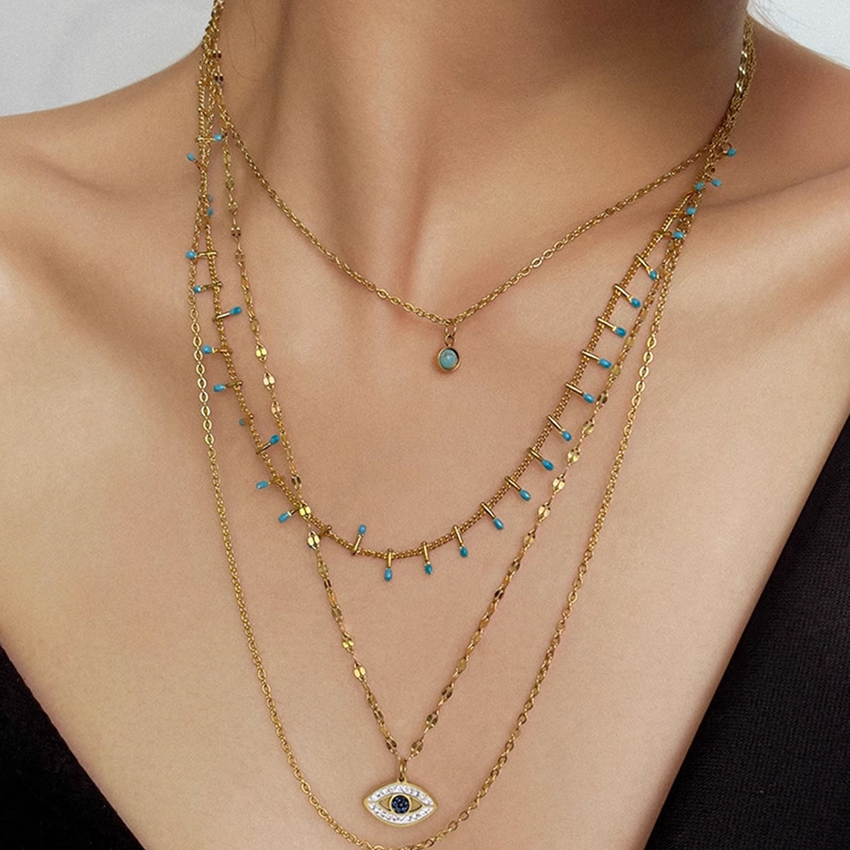 Çok Katmanlı Rhinestone Nazar Boncuğu Kolye