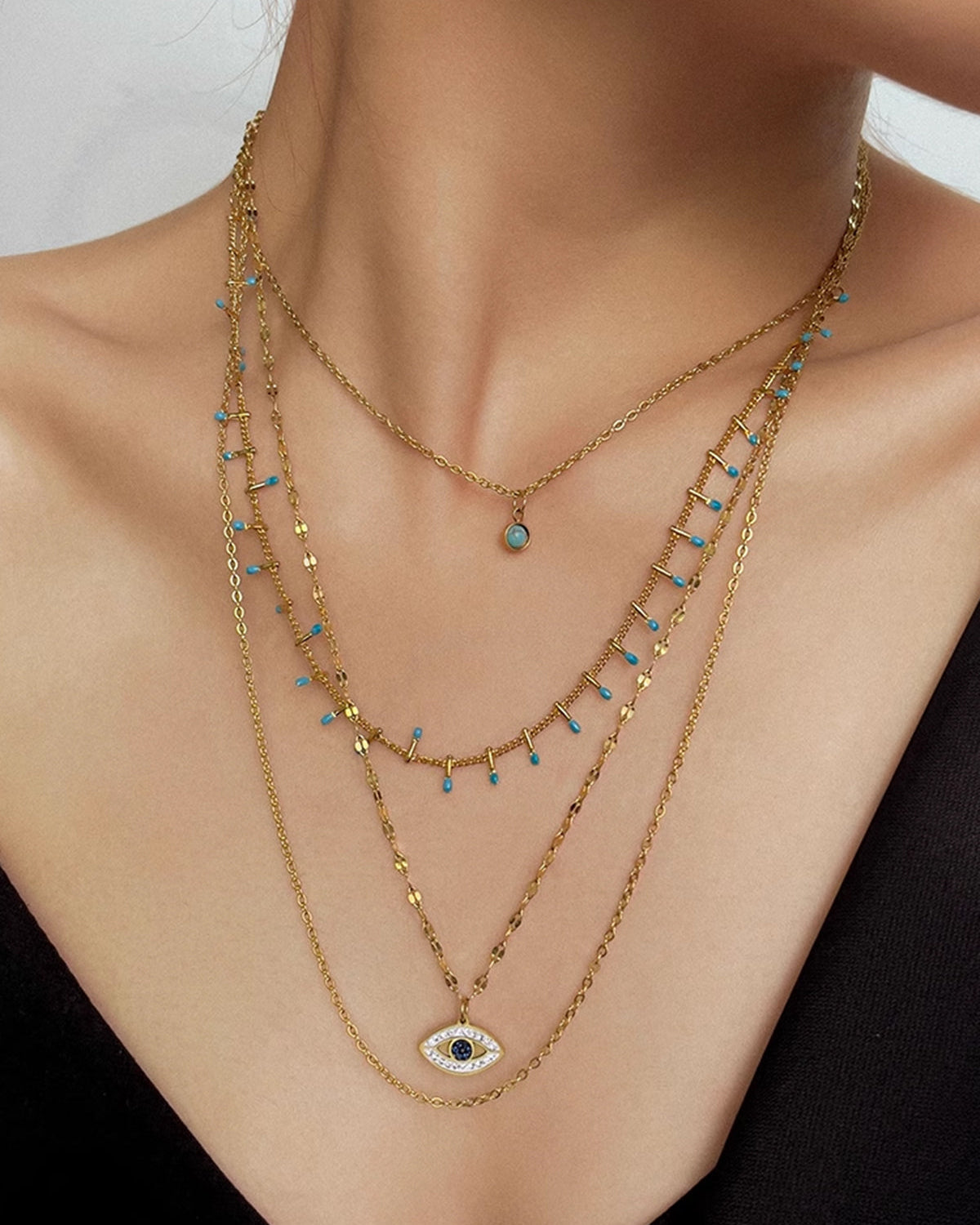 Çok Katmanlı Rhinestone Nazar Boncuğu Kolye