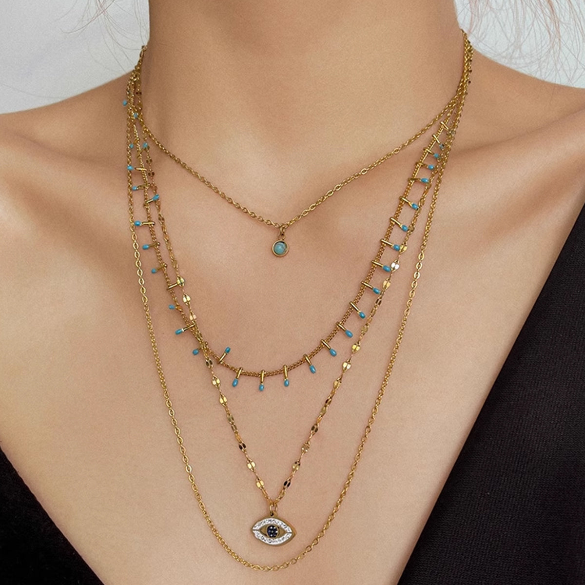 Çok Katmanlı Rhinestone Nazar Boncuğu Kolye