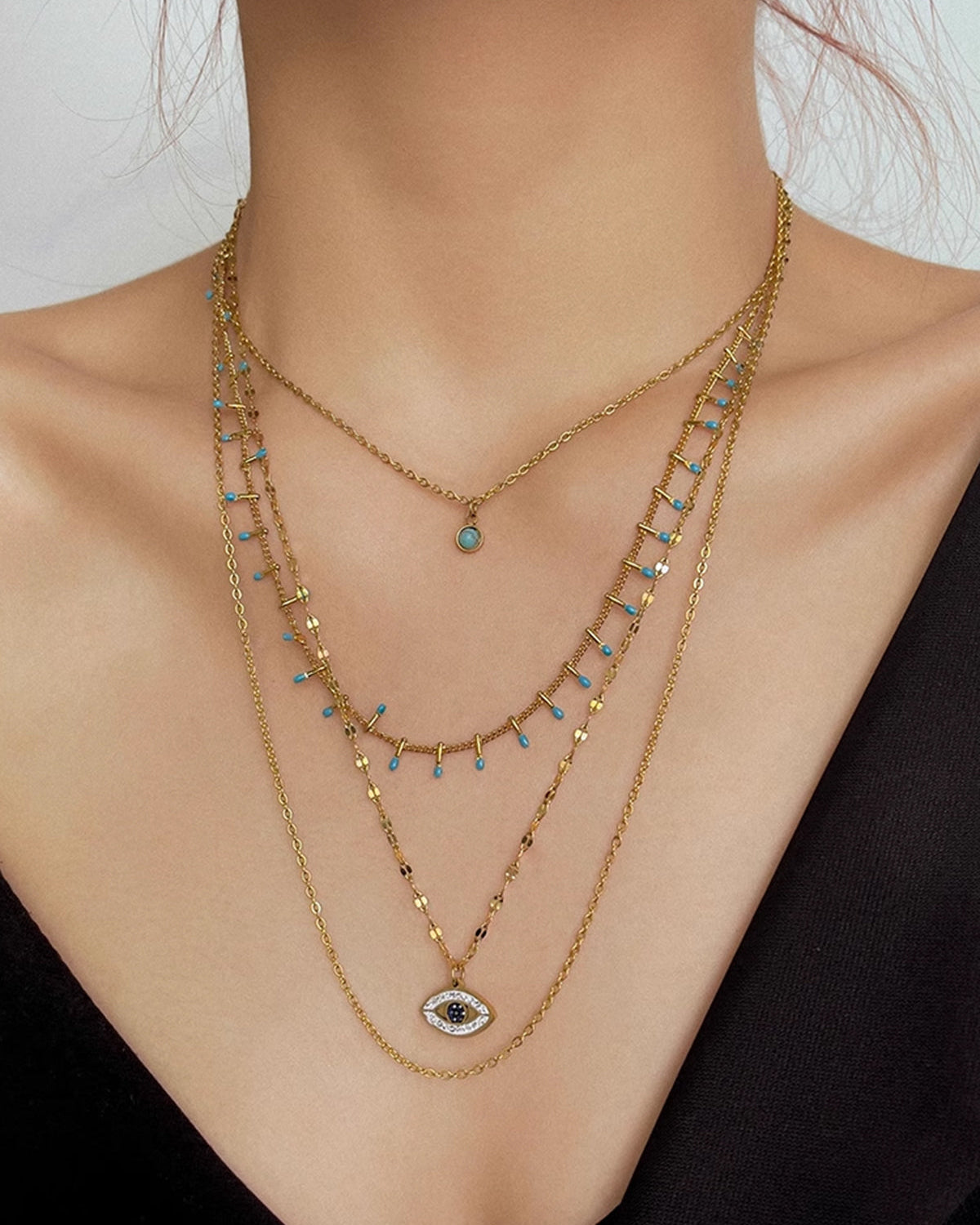 Çok Katmanlı Rhinestone Nazar Boncuğu Kolye