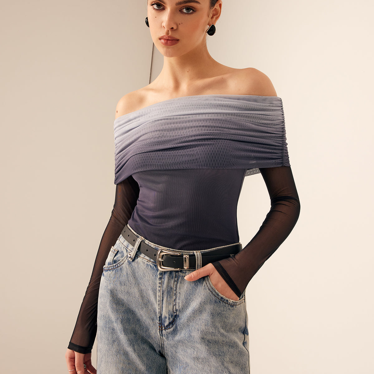 Ağ Mesh Lisa Off Shoulder Ombre Bluz