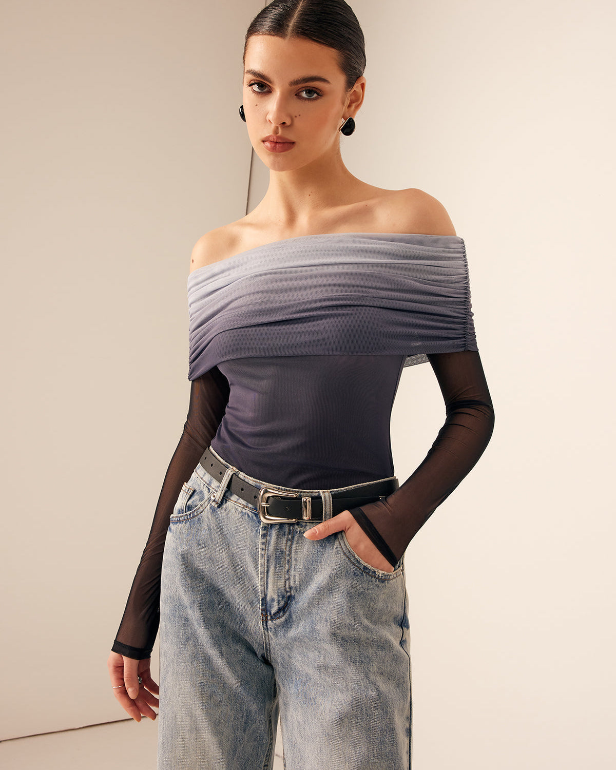 Ağ Mesh Lisa Off Shoulder Ombre Bluz