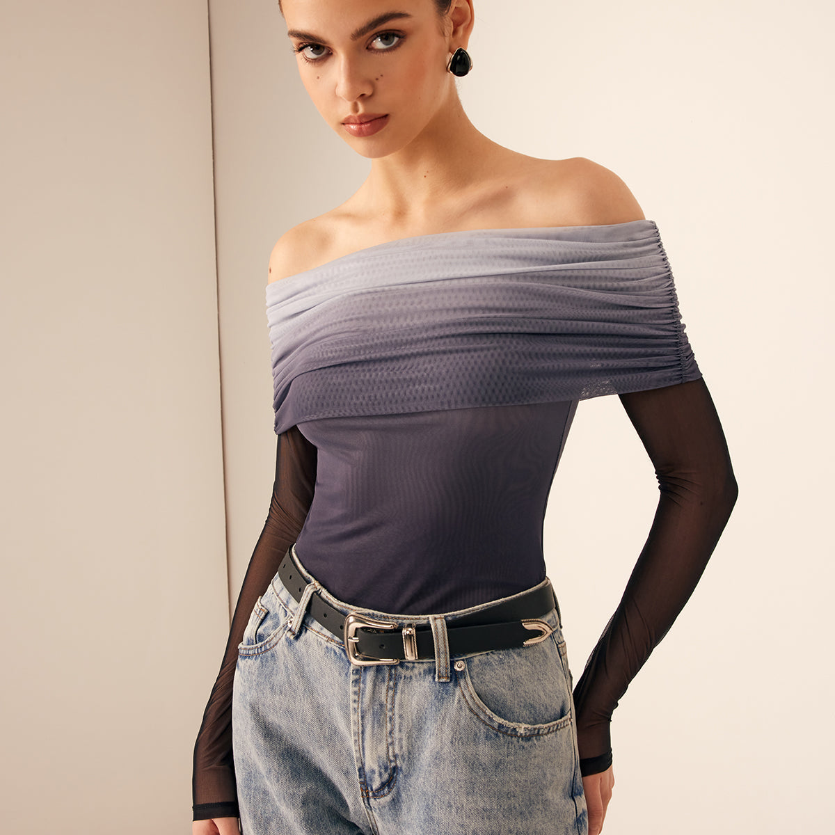 Ağ Mesh Lisa Off Shoulder Ombre Bluz