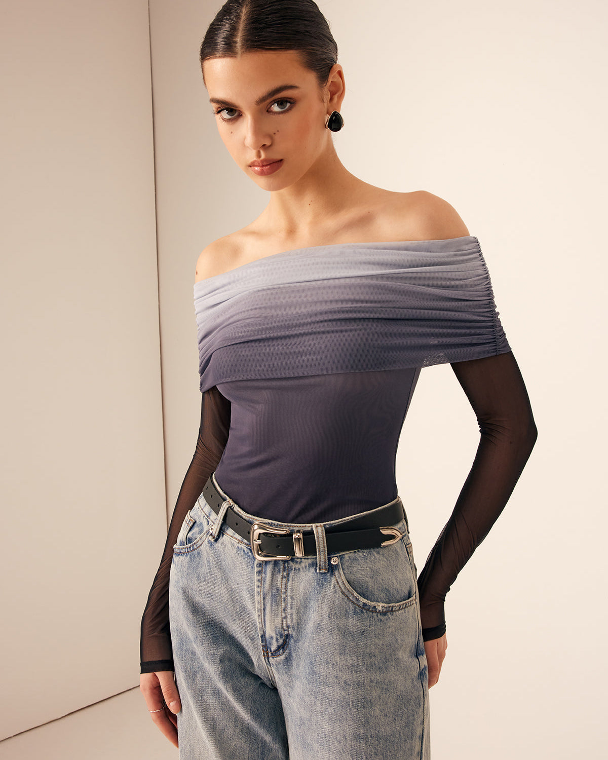 Ağ Mesh Lisa Off Shoulder Ombre Bluz