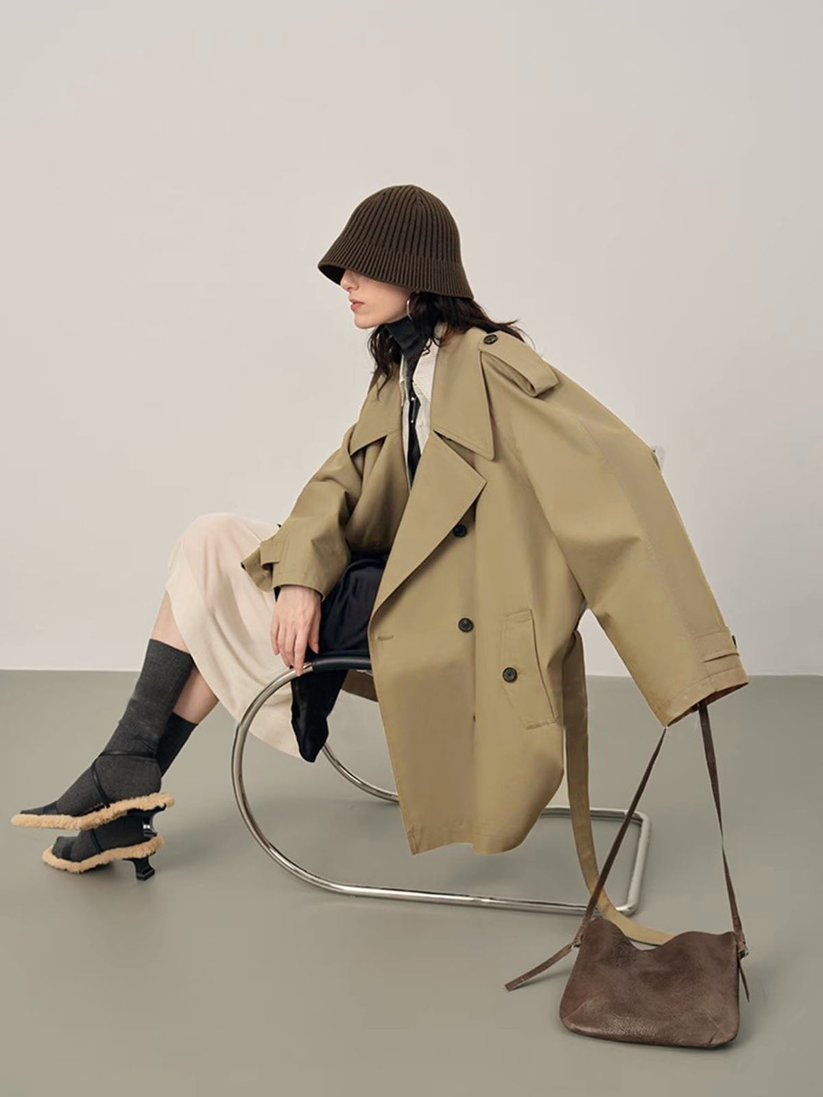 Haki Oversize Kemerli Trençkot