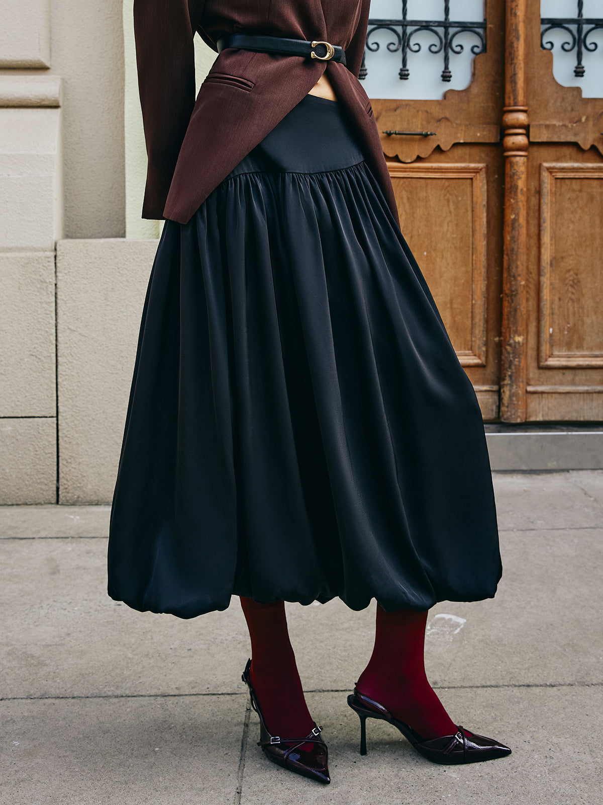 Bud Waist Pleated Satin Etek