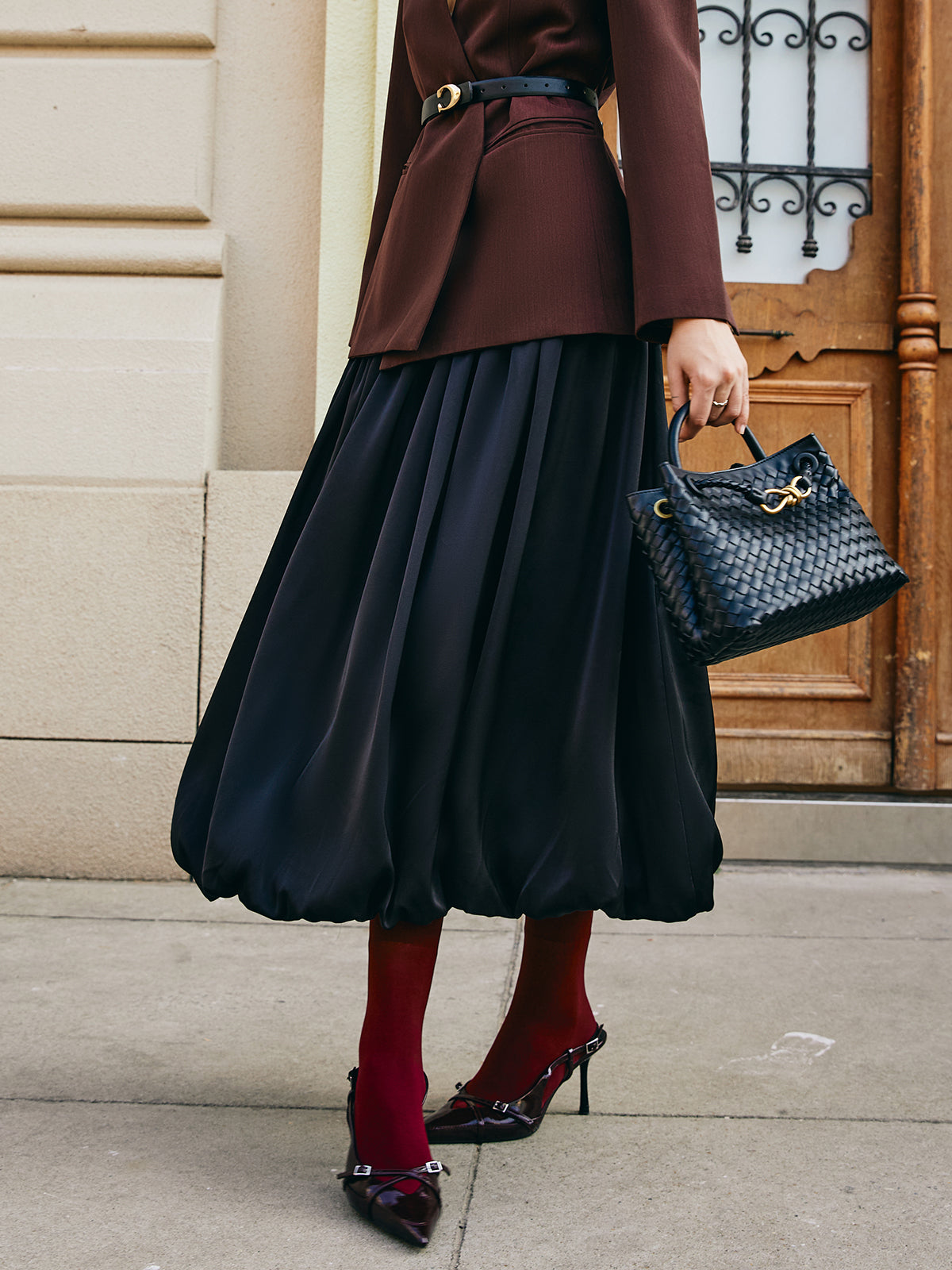Bud Waist Pleated Satin Etek
