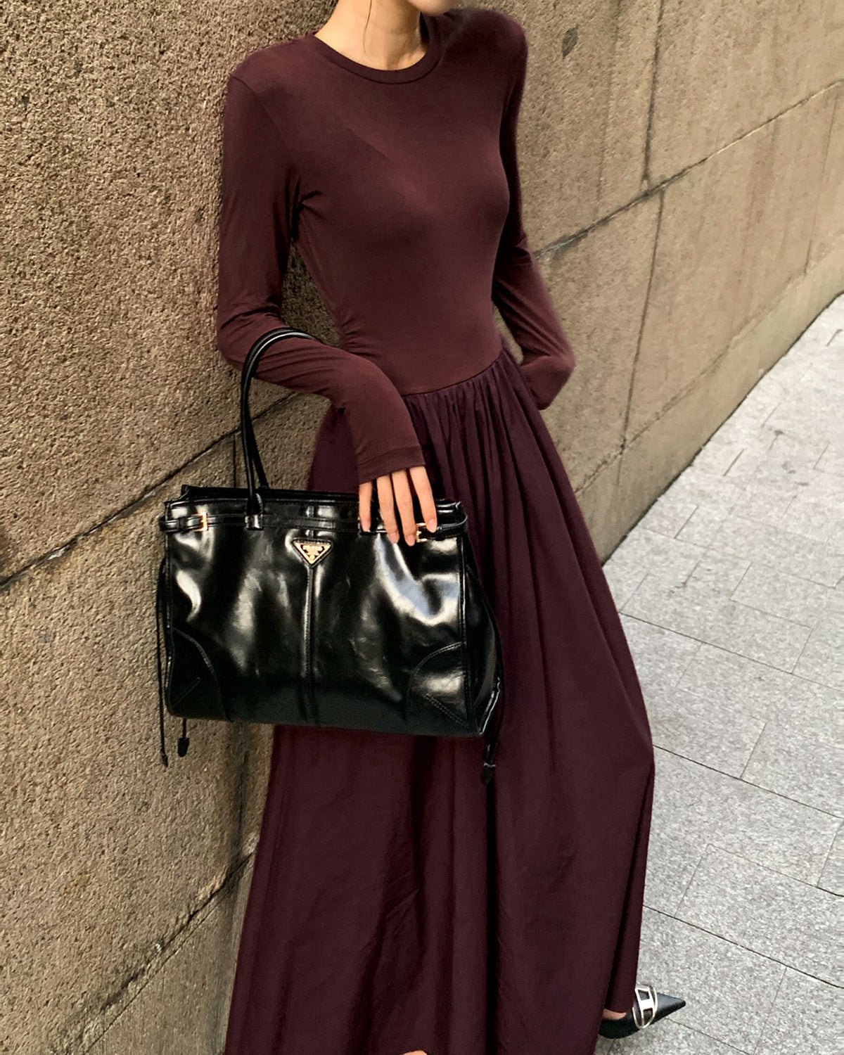 Sade Uzun Kollu Plise Elbise
