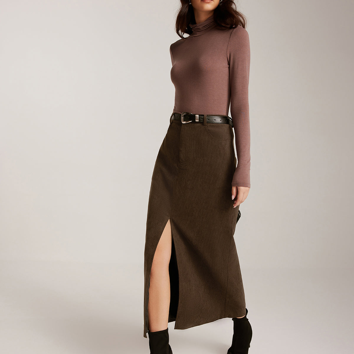 Corduroy Split Belted Midi Etek