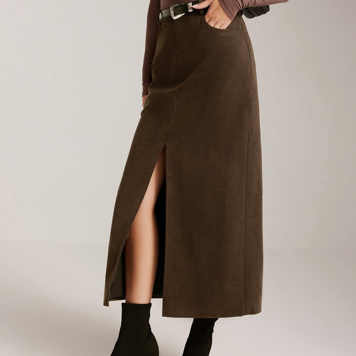 Corduroy Split Belted Midi Etek