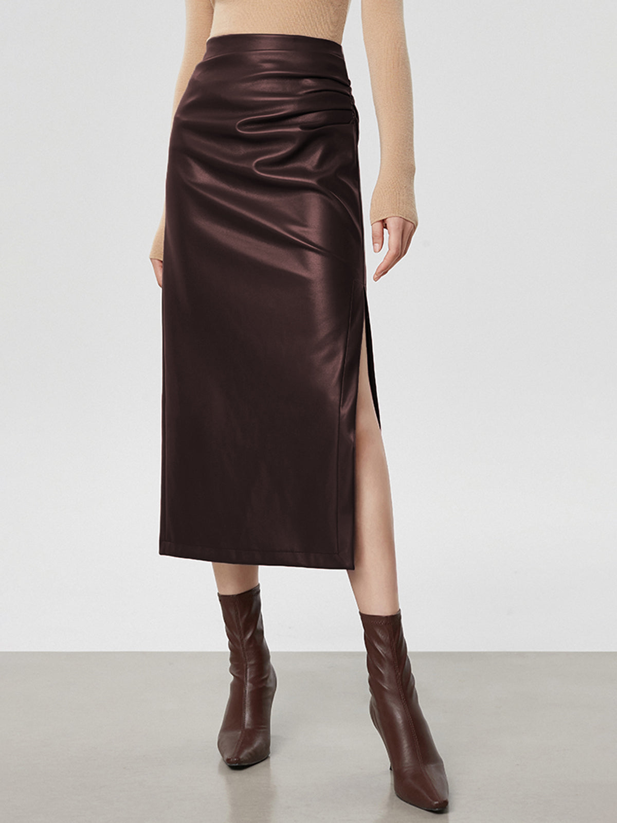 Faux Leather Ruched Slit Midi Etek