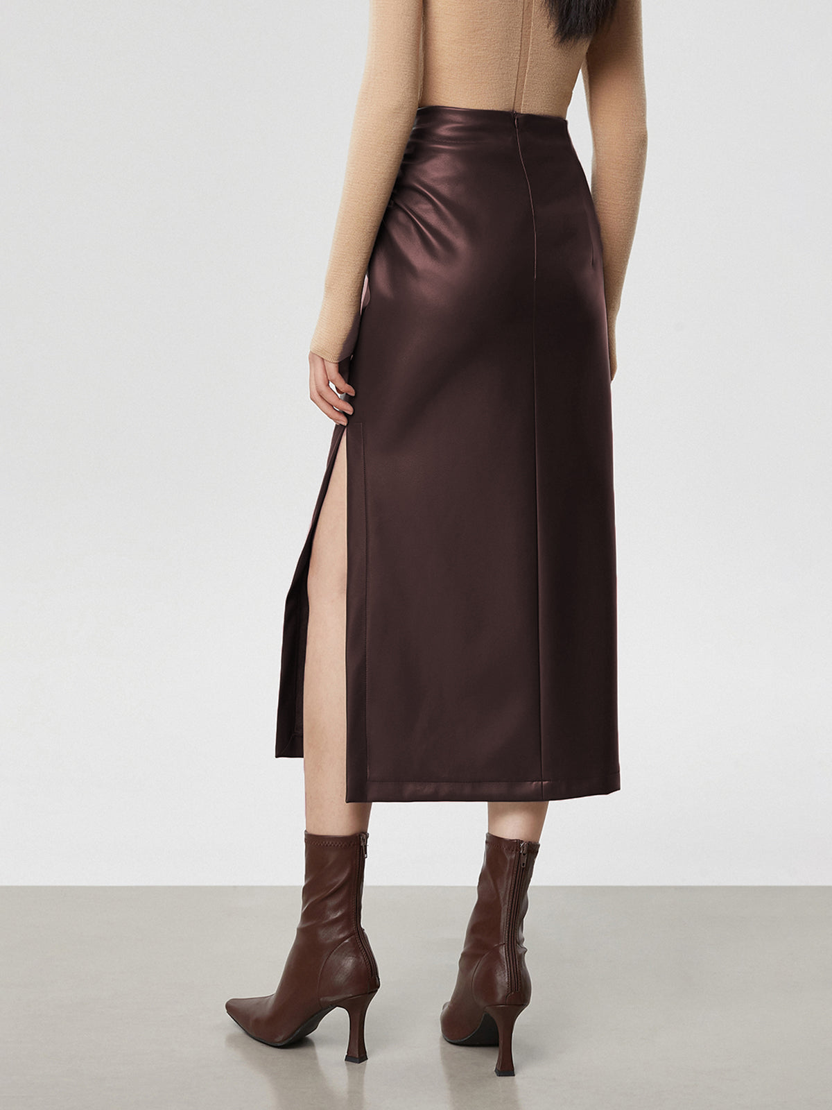 Faux Leather Ruched Slit Midi Etek
