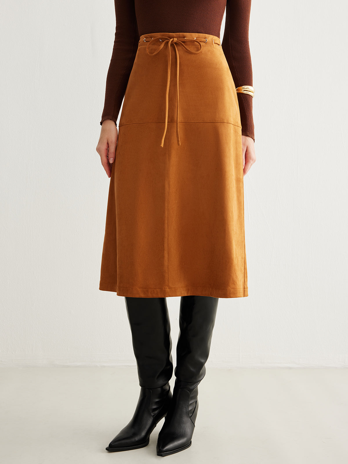 Drawstring Back-Zipper Suede Etek