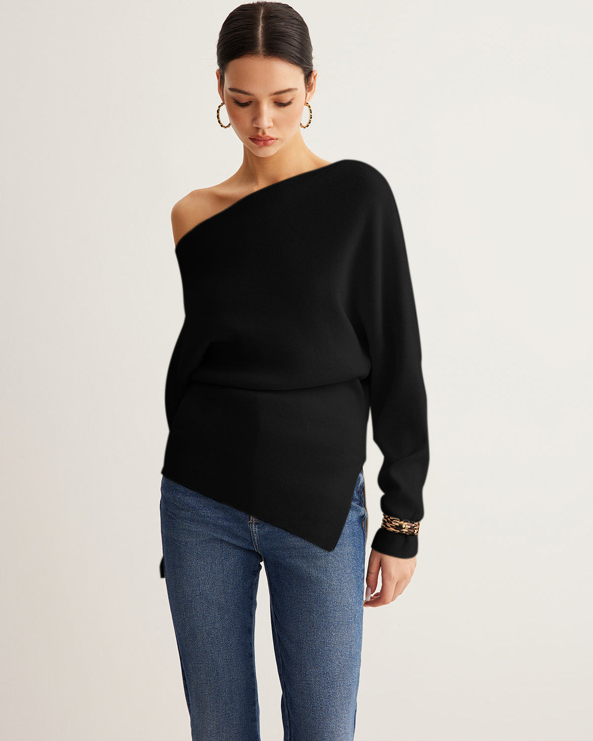 Yün Karışımlı Asimetrik Yakalı Örgü Bluz