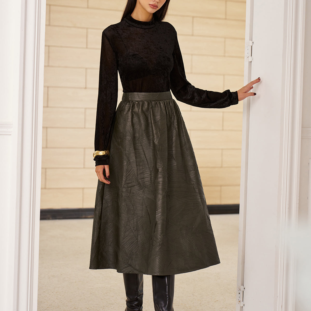 Retro Faux Leather Kemersiz Etek