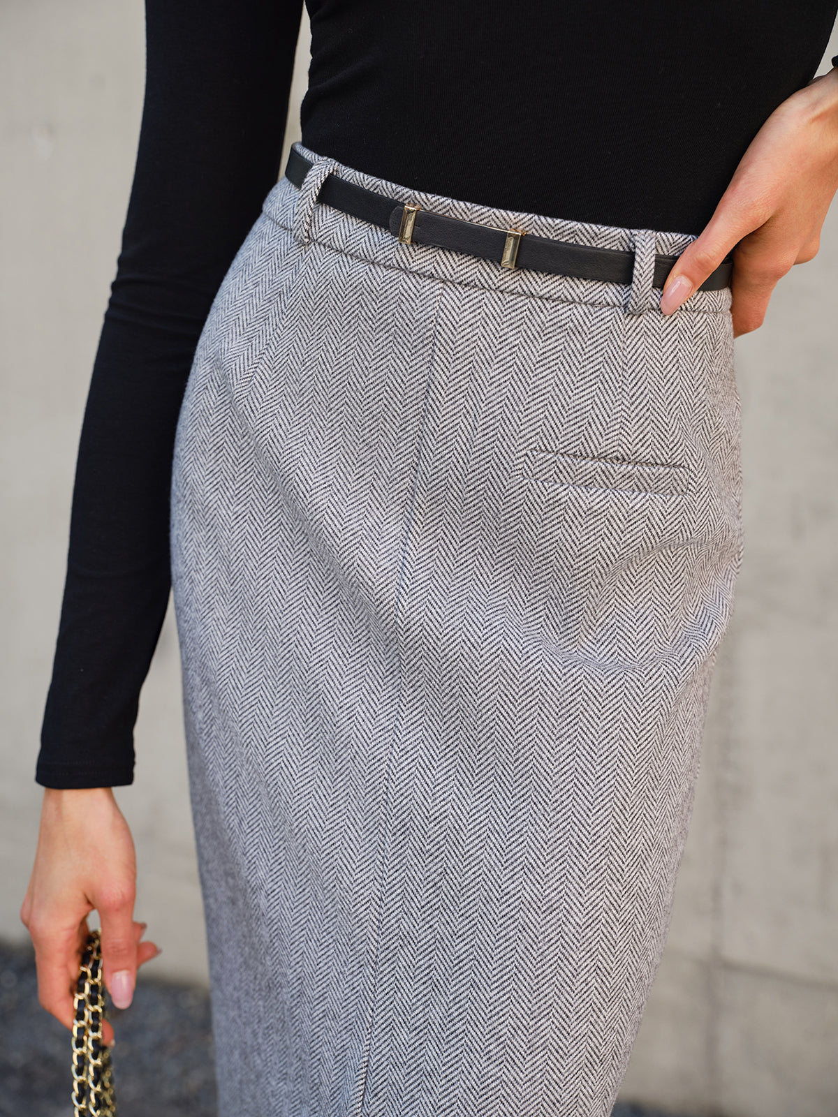 Chevron Midi Kemerli Etek