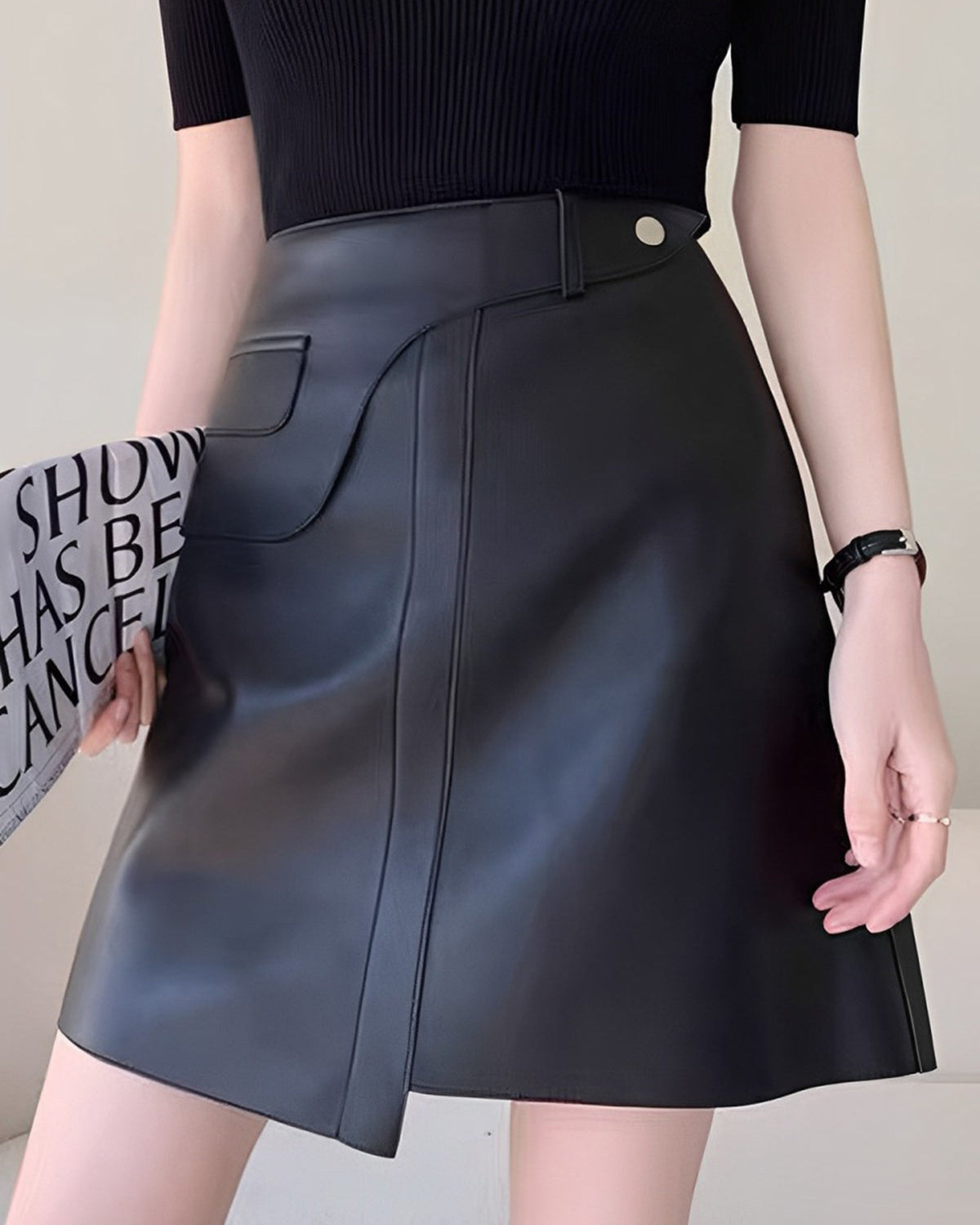 Asymmetrical Mini Suni Deri Etek