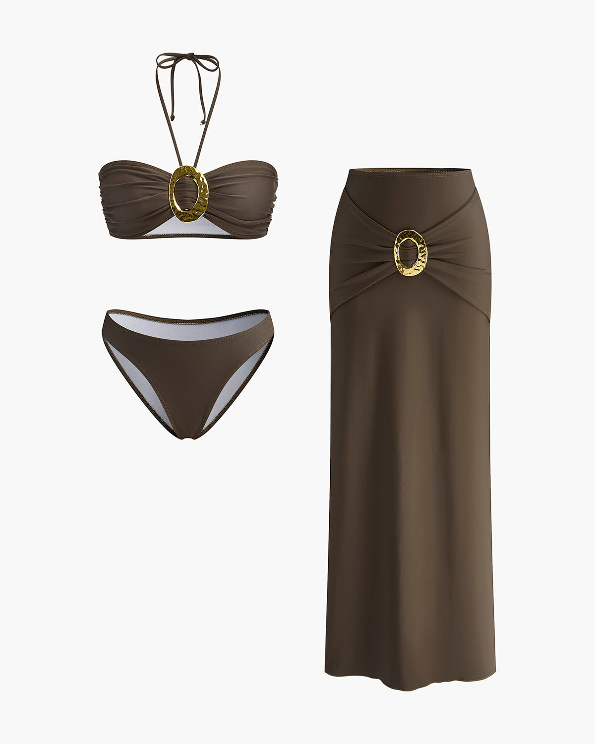 Oval Yüzük Detaylı Bandeau Bikini Seti Drapeli Etek ile