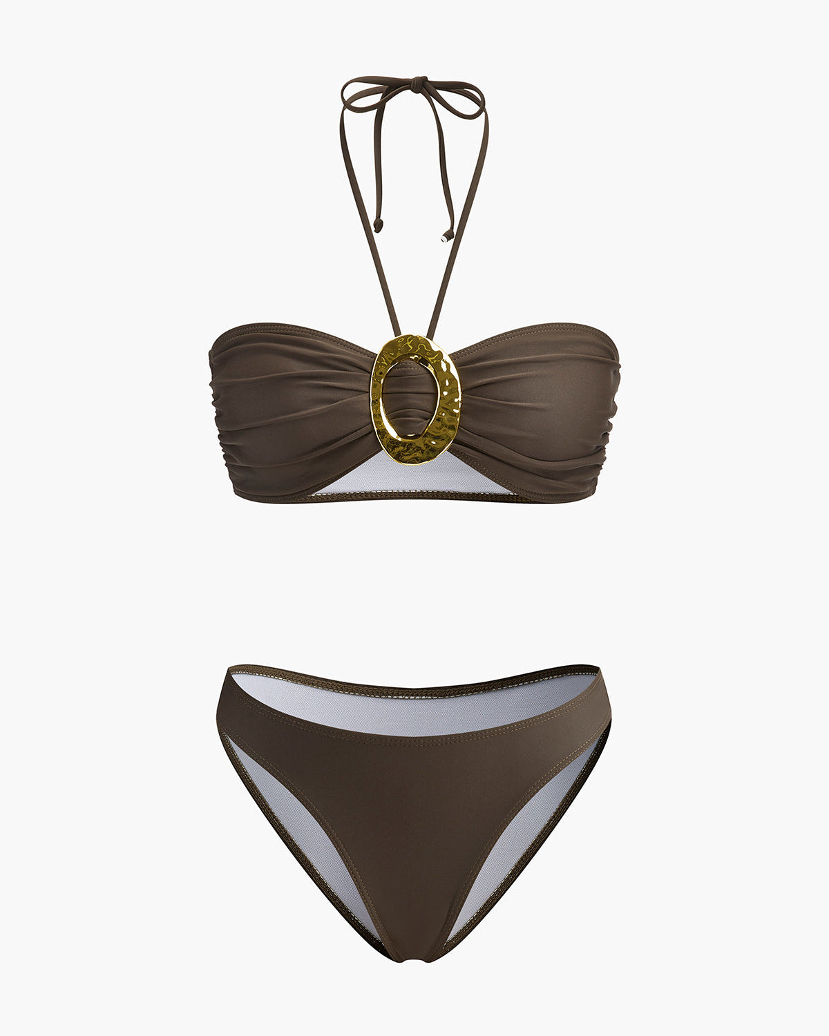 Oval Yüzük Detaylı Bandeau Bikini Seti Drapeli Etek ile