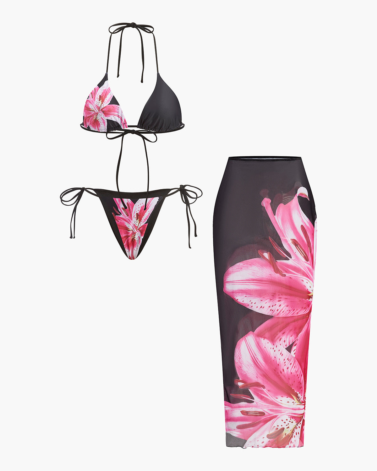 Çiçek Desenli Bikini Yarı Şeffaf Etek ile