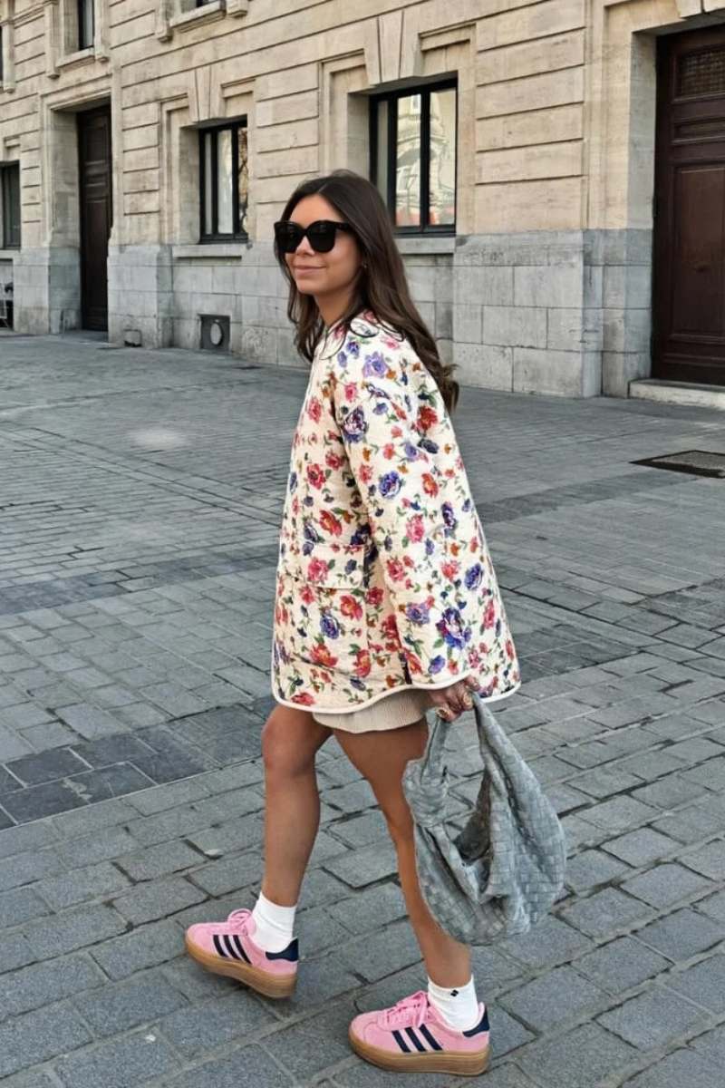 Çiçekli V Yaka Oversize Ceket