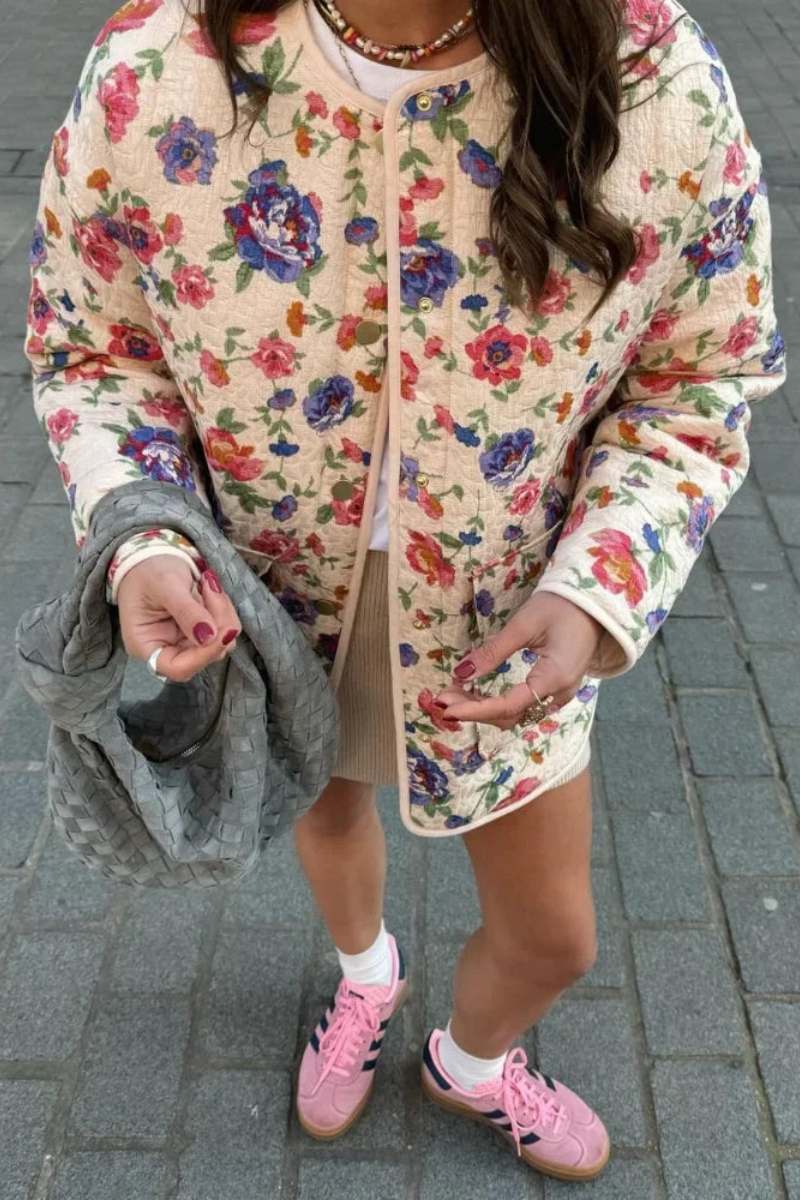 Çiçekli V Yaka Oversize Ceket