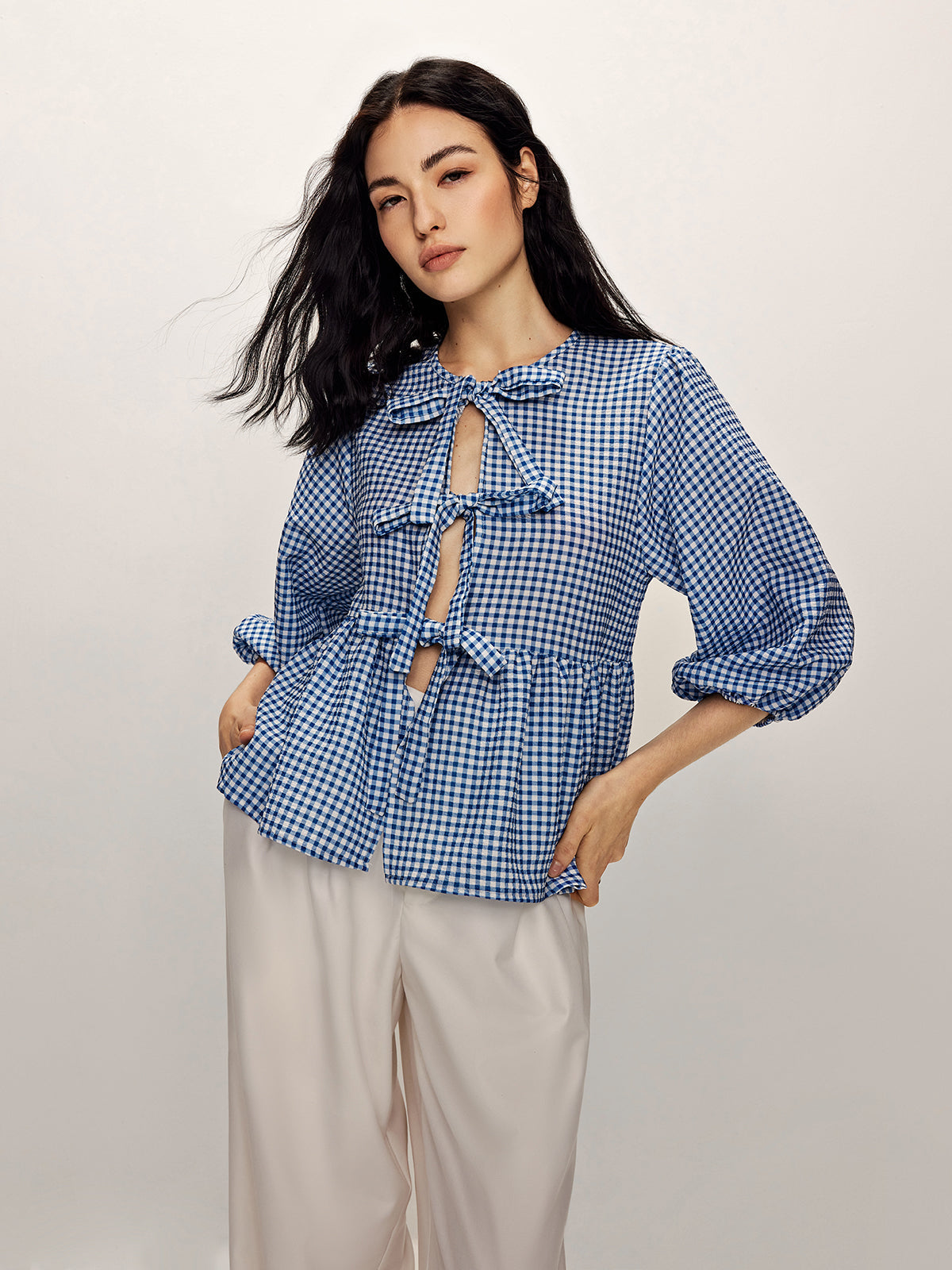 Blue Gingham Bağcık Detaylı Bluz