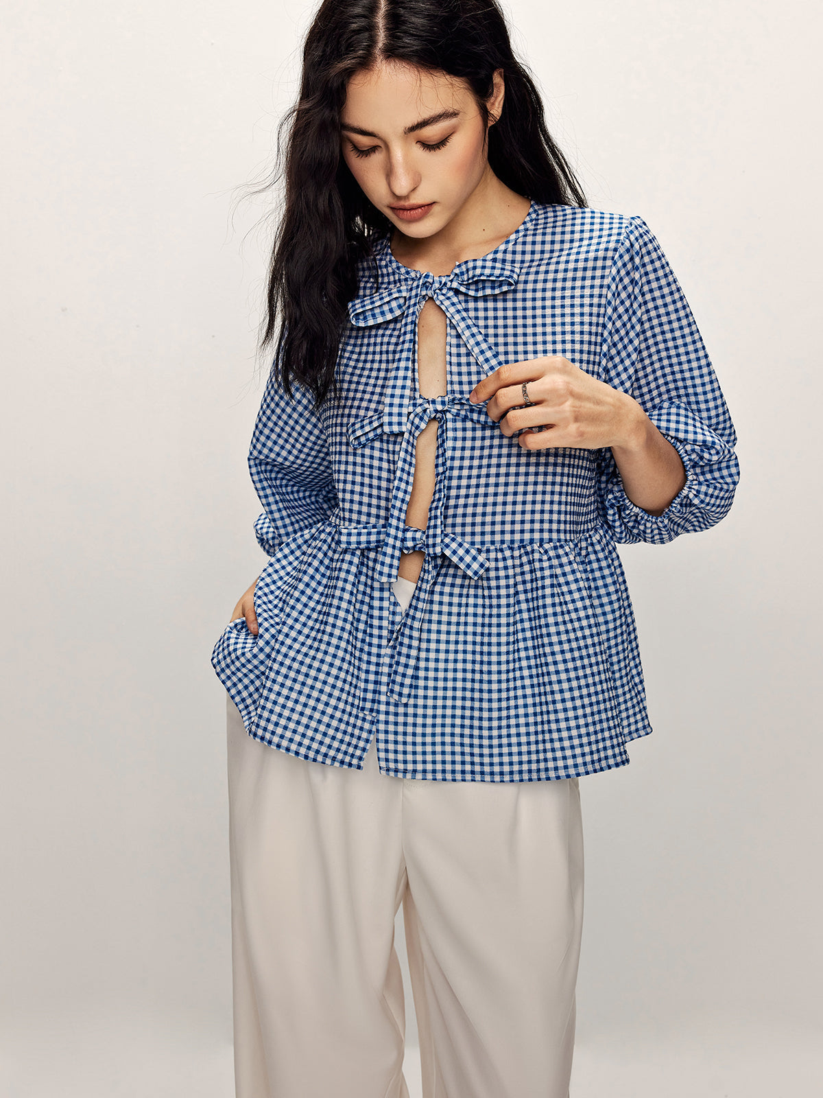 Blue Gingham Bağcık Detaylı Bluz